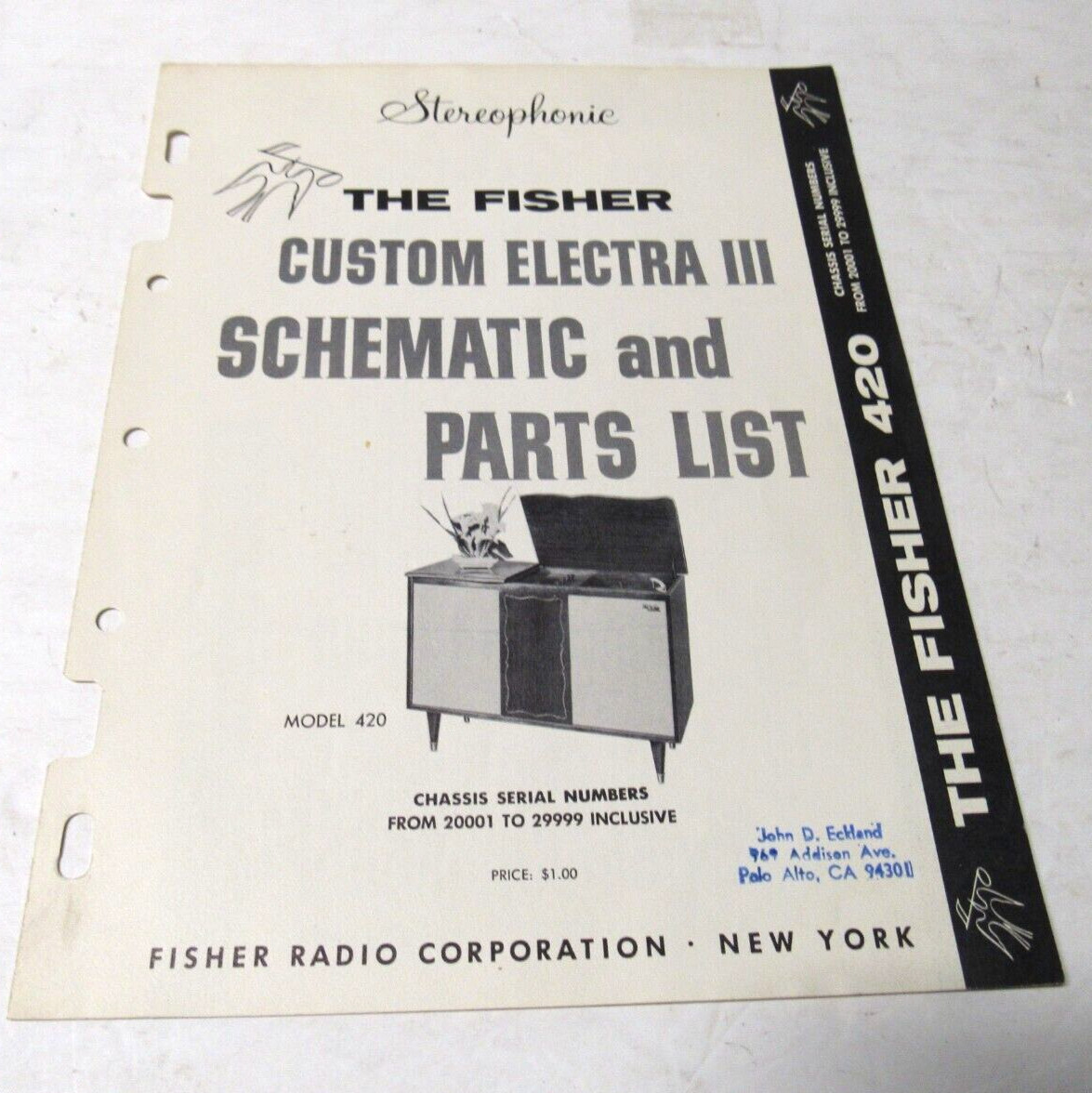 Fisher Custom Electra III Schematic & Parts List Model 420