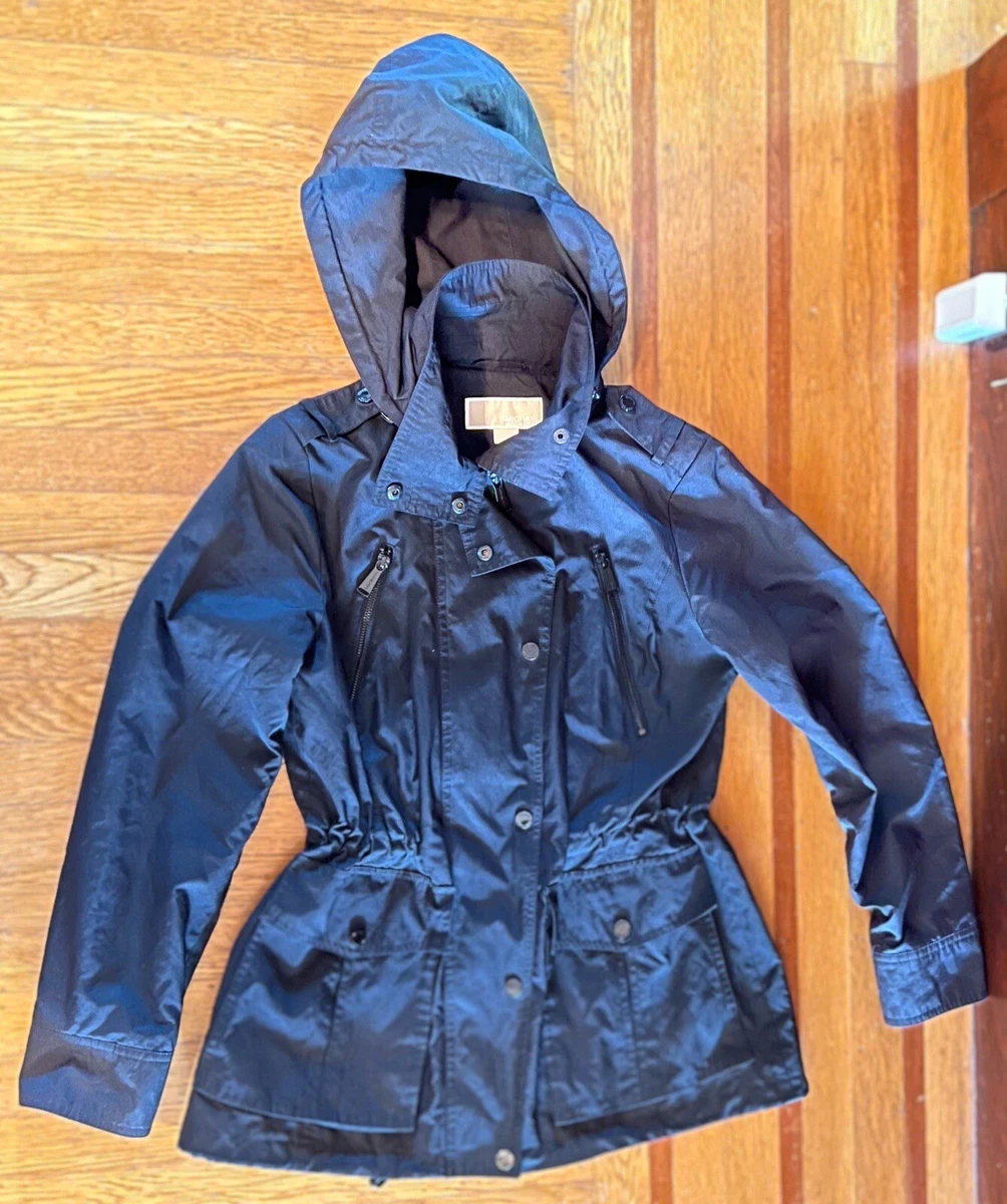 Michael Kors Rain Jacket Long Black Women's Small Hood Drawstring Waist Pockets