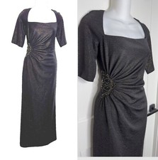 David Meister Black Gold MetallicKnit  Ruched Maxi Dress Gown 1/2 sleeves size 2