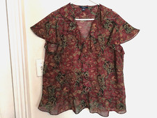 Chaps Womens Blouse 2X Plus Floral Burgundy Ruffle Sheer Button Up Short Sleeve
