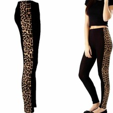 Black Leggings Stretch LADIES WOMENS SIDE ANIMAL LEOPARD PRINT PANEL UKS/M 8-10