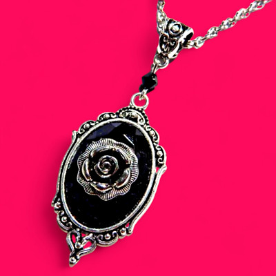 GOTHIC ROSE CAMEO NECKLACE black victorian style pendant silvertone D5
