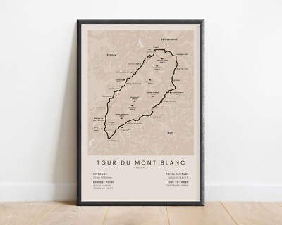Tour Du Mont Blanc Print | TMB Hiking Map | Mount Blanc Wall Art | Hiking Gift