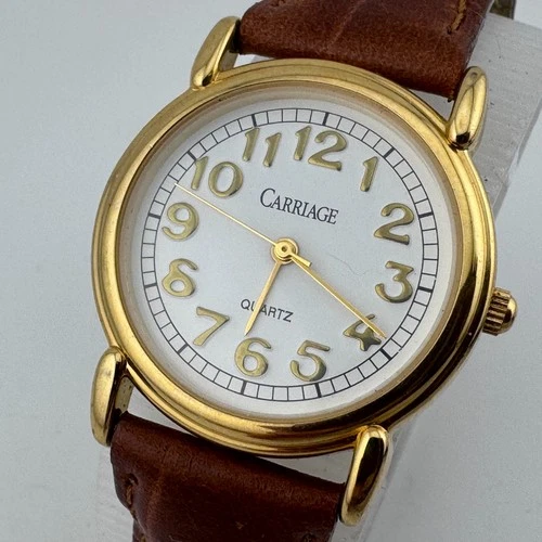 Vintage Carriage Timex Quartz Watch Women Gold Tone Leather Analog New Battery