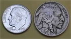 Lot of 2 Coins- 1 90% Silver Roosevelt 10c (1963D) & 1 Better Buffalo 5c (1935P)