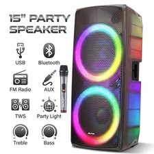 Dual 15" Portable Bluetooth Speaker Heavy Bass Party System LED Light w/ Mic
