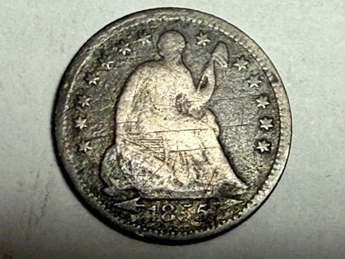 1855 SEATED LIBERTY silver U.S. half dime. VG-Fine, very rough surfaces. #a1