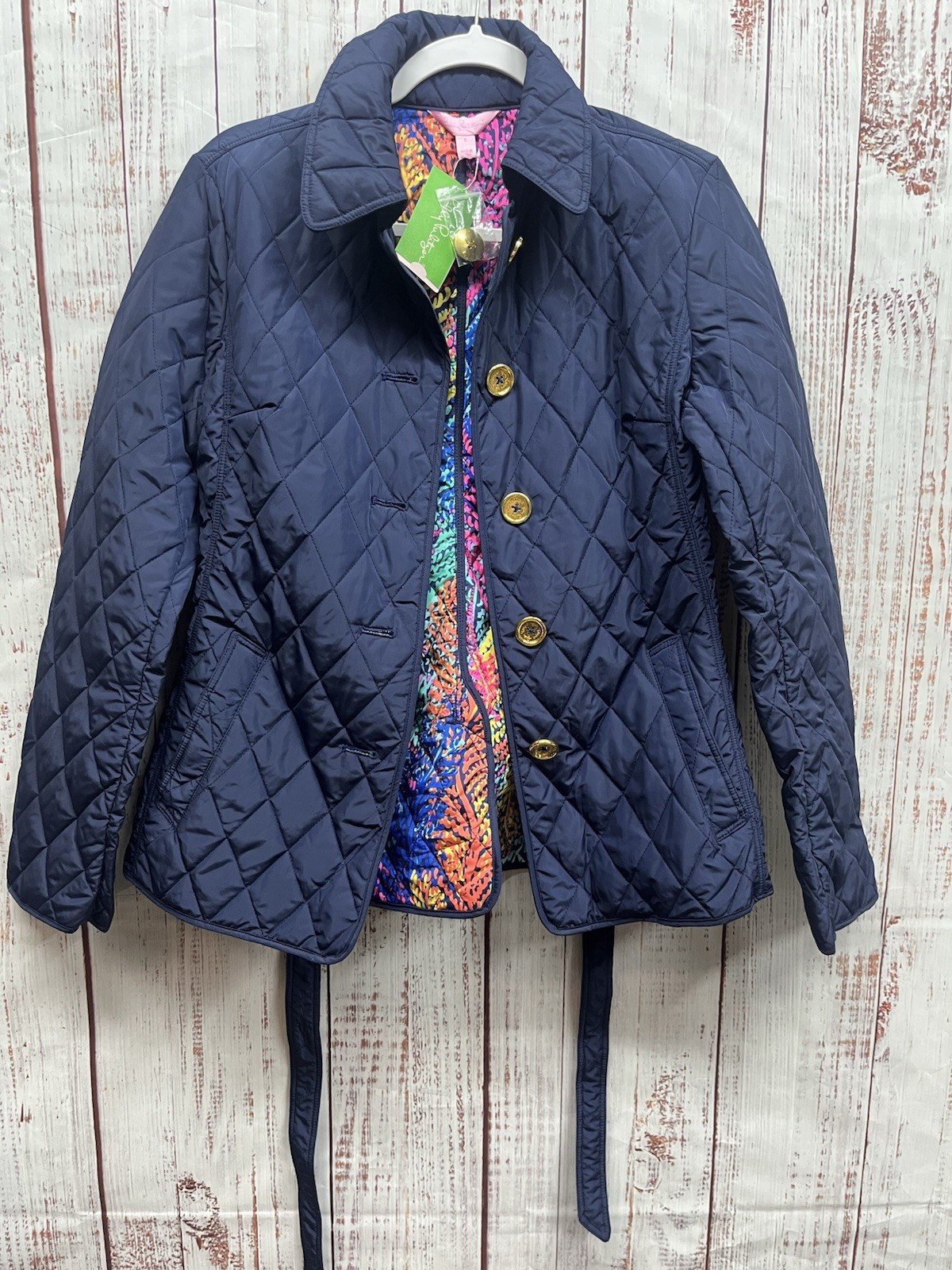 Lilly Pulitzer Destination Quilted Jacket With Belt And Gold Button Blue  NWT