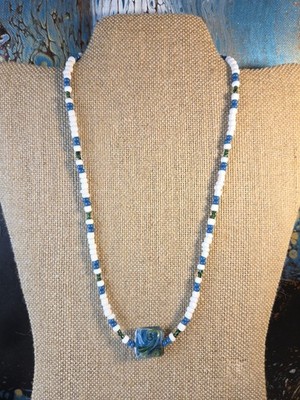 Handmade Beaded Necklace Swirl Pendant Glass Beads 19+ Inch Boho Blue Green