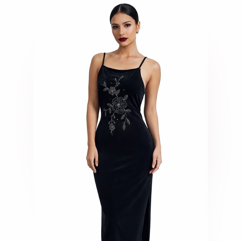 Vintage 90s 1990s Velvet Beaded Floral Dress Large Black Slit Prom Hoco  Formal | eBay