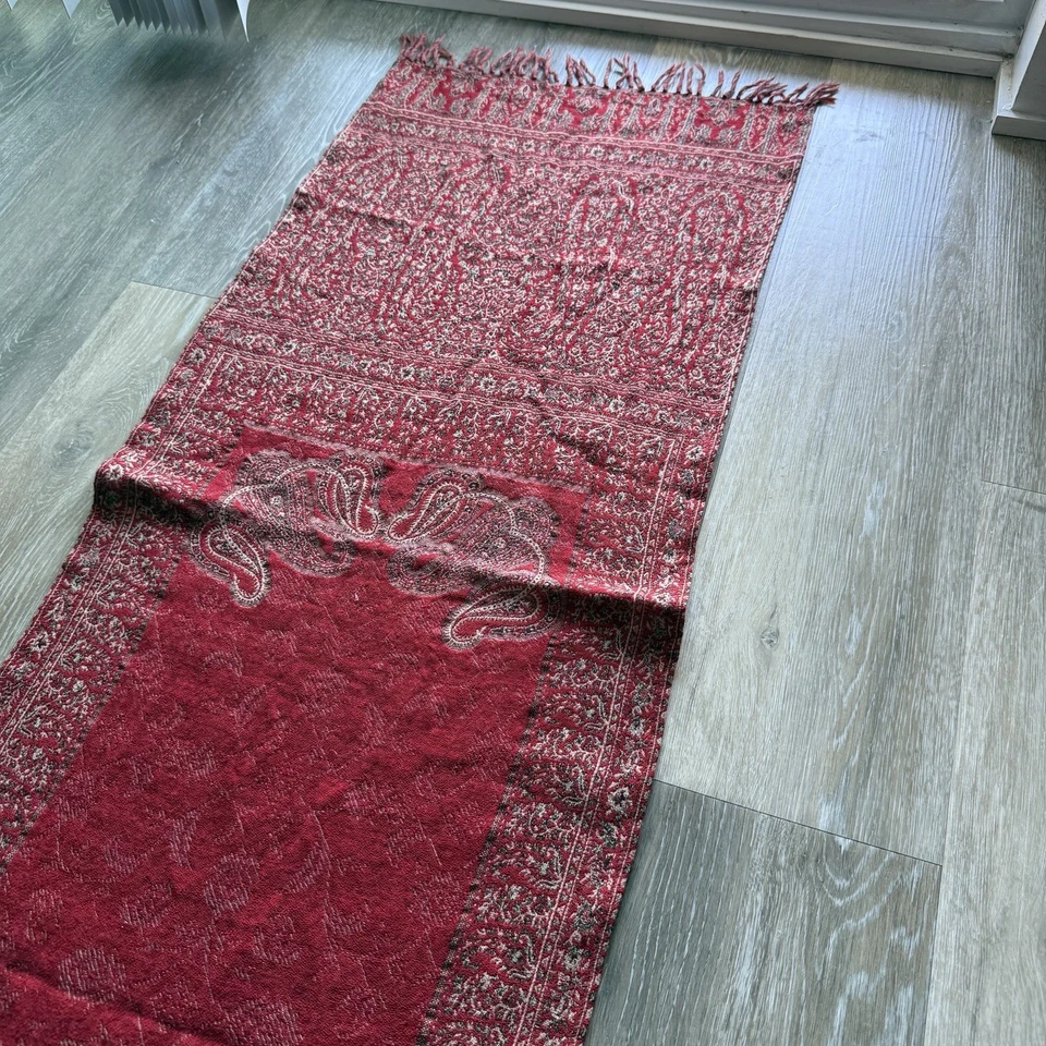 Pottery Barn 100% Wool Table Runner 18x108" Red Floral Paisley Fringe Home READ* - Image 2 of 4