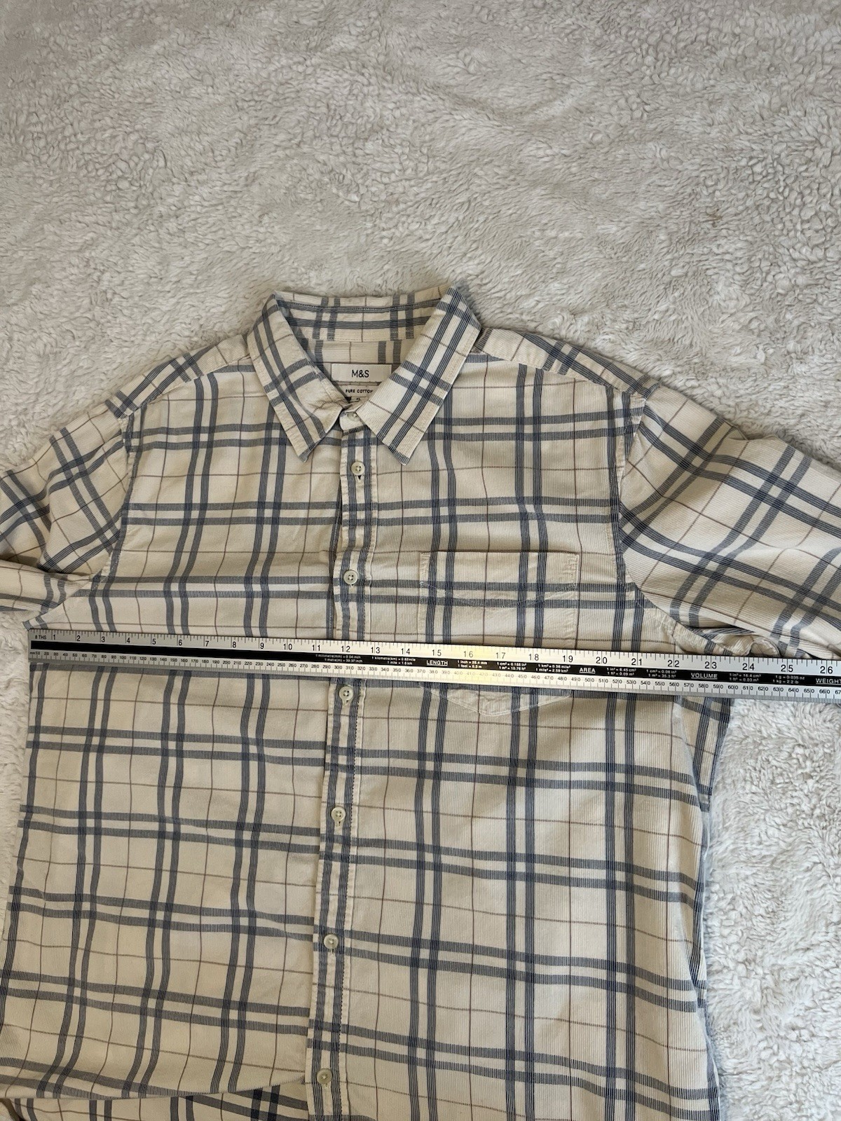 M&S Pure Cotton Check Shirt Men’s XL Regular Ecru Blue Long Sleeve Casual image 7