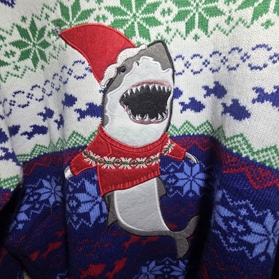 Blizzard Bay Sharkmas Santa Ugly Christmas Sweater Men's XL Blue Fair Isle Jaws
