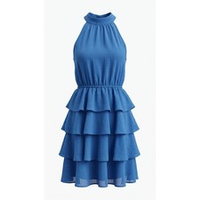 Shein Blue Halter Neck Tiered Ruffle Mini Dress Size S Textured Sleeveless