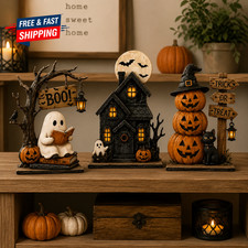 3pc Halloween Decor Set Haunted House Ghost Pumpkin Tabletop Statue Centerpiece