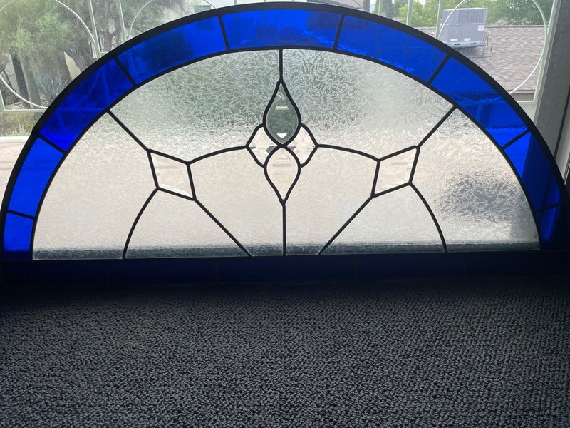 Elegant Leaded Textured & Beveled Arched Stained Glass Transom Window 48"L 21.5W