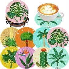 8 Pcs Green Plants Diamond Painting Coasters Kits with Holder, 5D Diamond Art Pa