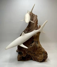 VTG John Perry Double Swimming Shark Burl Wood Sculpture, Large