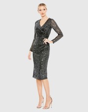 Ieena For Mac Duggal 26940 Sequined Faux Wrap V Neck Long Sleeve Midi Dress 10