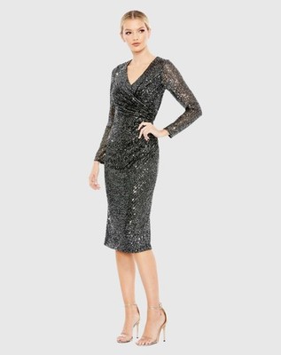 Ieena For Mac Duggal 26940 Sequined Faux Wrap V Neck Long Sleeve Midi Dress 10