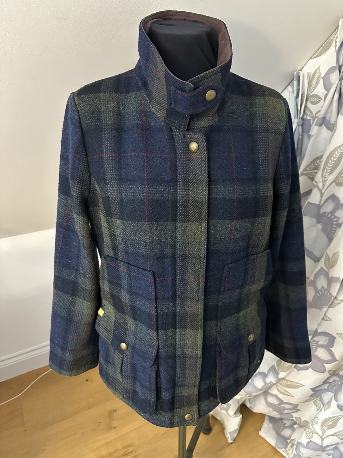 Joules Ladies Field Coat Jacket Women UK16 Navy Green Tweed Check Wool 