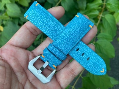 Size 24mm/22m, Leather/Skin Stingray Watch Strap Band Blue, Custom Strap