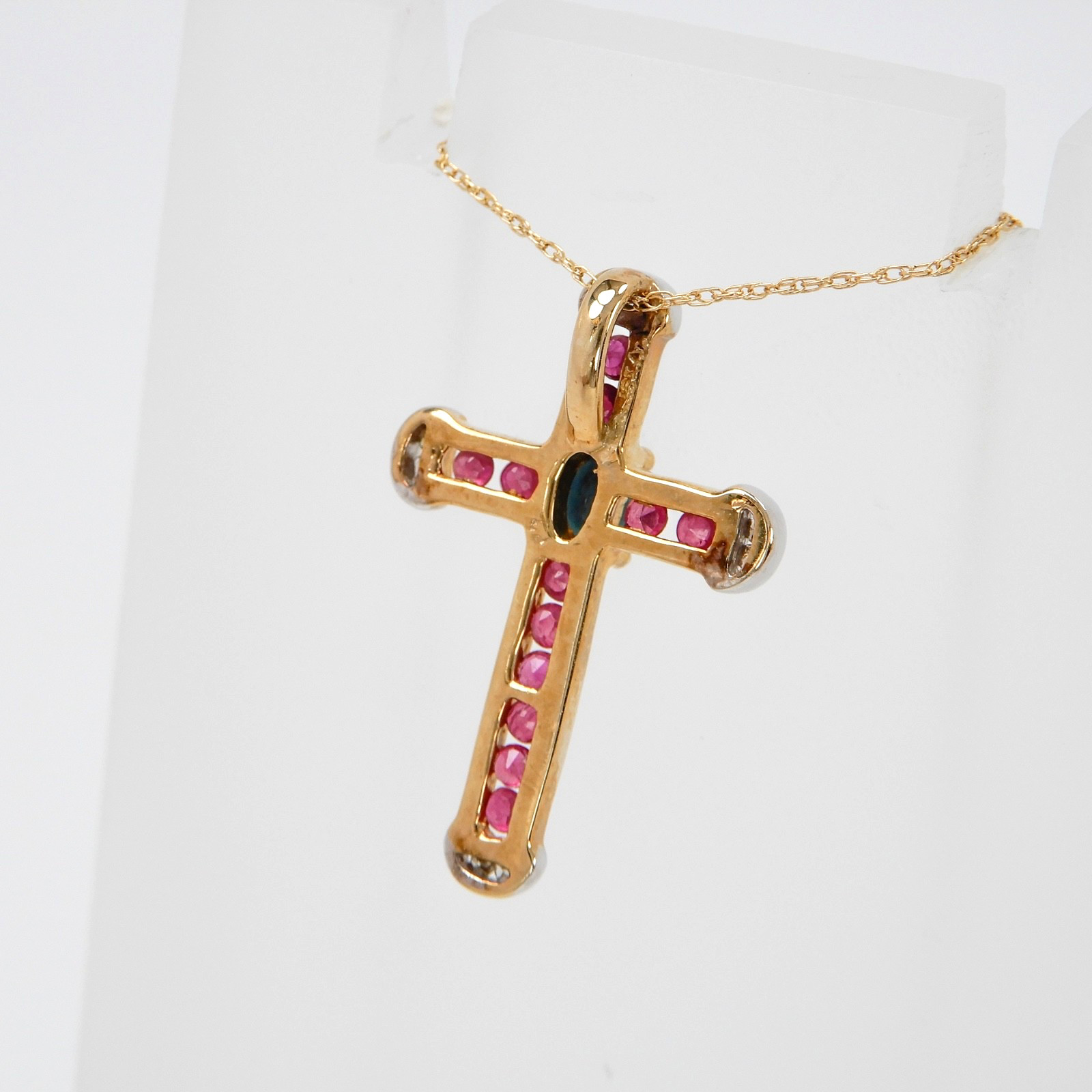 Solid 10K Yellow Gold Ruby Cross Pendant & Chain … - image 9