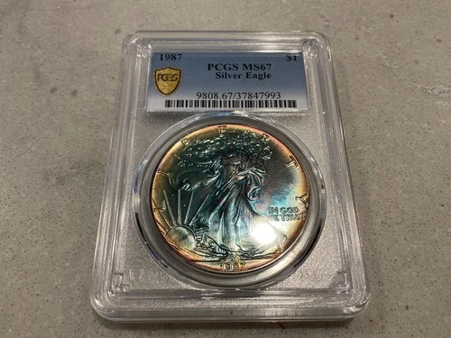 1987 Silver Eagle $1 PCGS MS67 DBL Sided Toning Bullion Plus Eye Candy Series 1