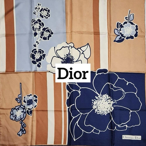 Christian Dior foulard soie beige marine 30x30 pouces unisexe créateur accessoire mode