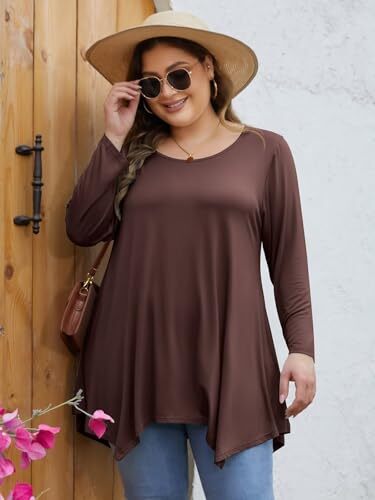 Plus Size Tops for Women Fall Tunic Tops to Wear with Leggings 3/4 2X Coffee - Picture 3 of 5