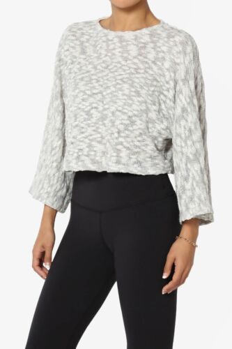 TheMogan Crew Neck 3/4 Bell Seeve Marled Knit Boxy Crop Top Pullover Sweater - Picture 29 of 44