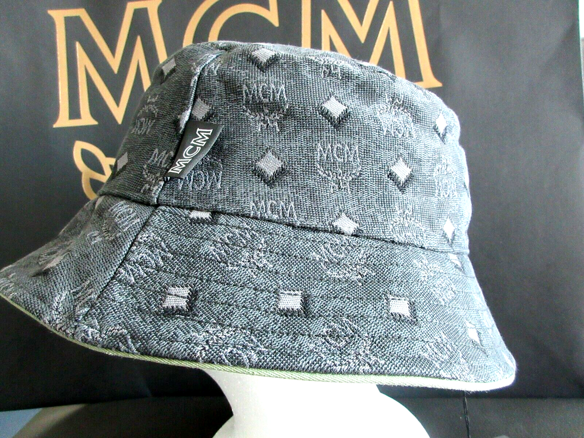 MCM ヴィセトス バケットハット ロゴ MCM Visetos Dark Grey Unisex Cotton Blend Monogram Logo Bucket Hat