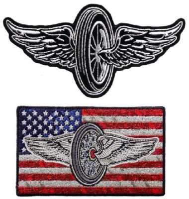 FLYING WHEEL DISTRESSED USA FLAG WHEEL WINGS BIKER PATCH  - 2PC - IRON ON SEW ON