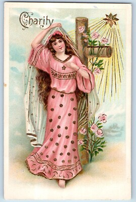 Charity Postcard Easter Holy Cross Woman Curly Long Hair Flowers Embossed c1910s