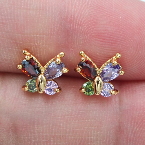 18K Yellow Gold Filled Women Multicolour Mystic Topaz Butterfly Stud Earrings - Picture 5 of 8