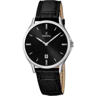 Festina Classics F167455 Mens Black Leather Strap Analog Dial Quartz Watch 39 mm