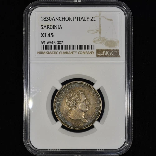 1830 SARDINIA 2 LIRE ✪ NGC XF-45 ✪ SILVER COIN ANCHOR P 2L ITALY AU ◢TRUSTED◣