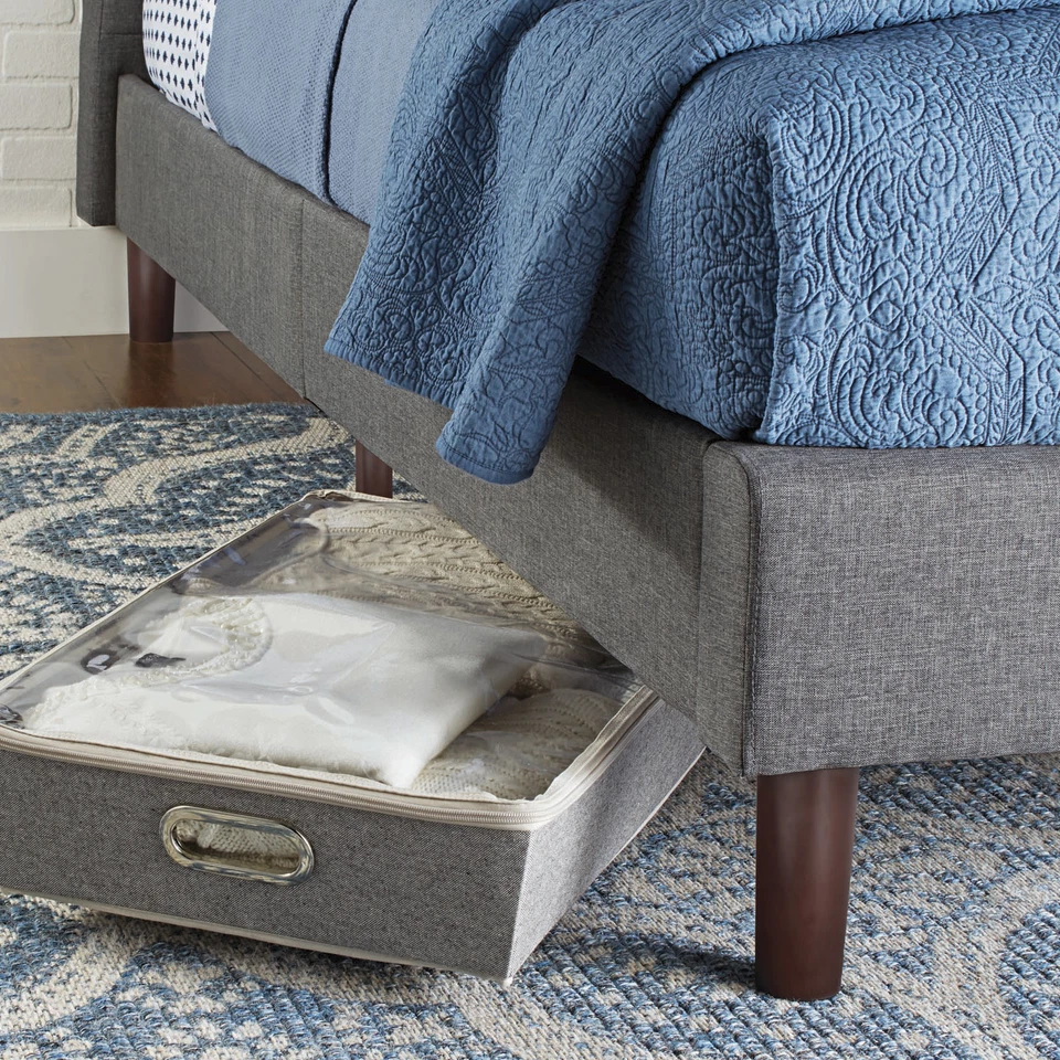 Cama plataforma tapizada de tela gris tamaño queen hogar salón dormitorio muebles Foto 2 de 4