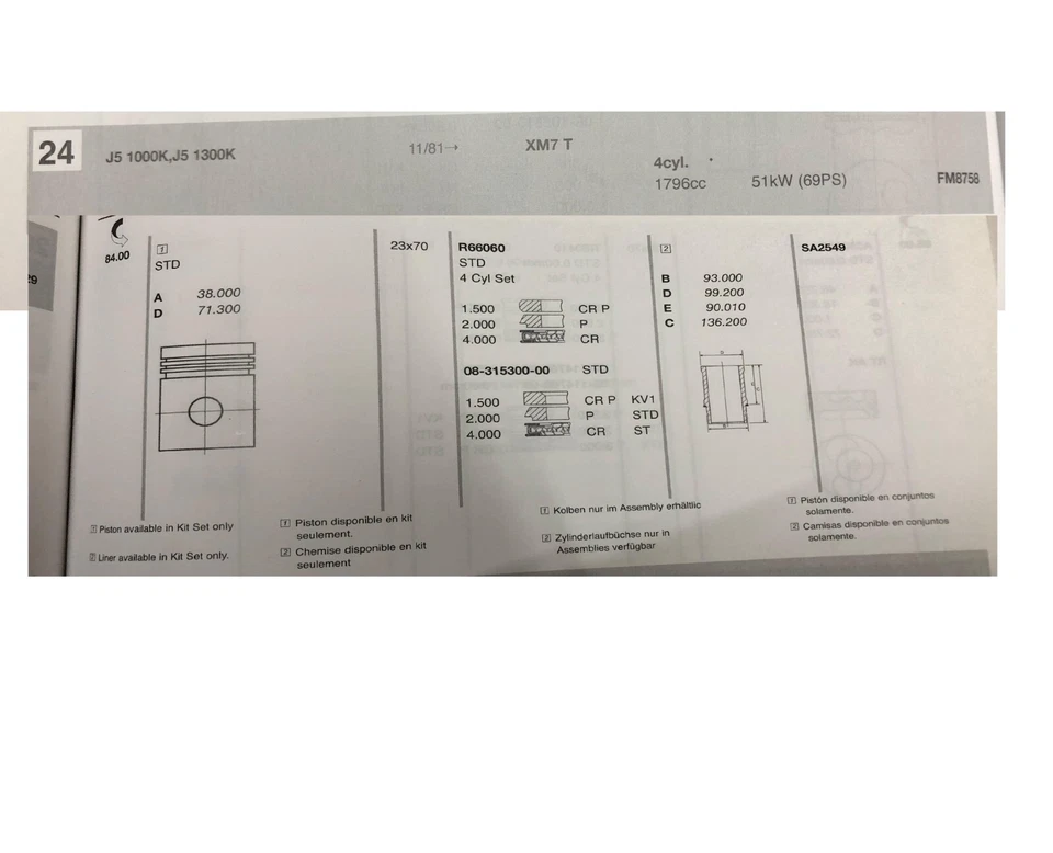 4PCS X NURAL PISTON Assy. 87-315300-00 STD 84MM FITS PEUGEOT XM7/7P/7T 504/505 - Image 2 of 4
