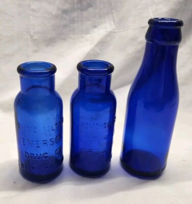 Vintage Bromo-Seltzer Emerson Drug Co. Baltimore MD Blue Glass Bottle Lot Of 3