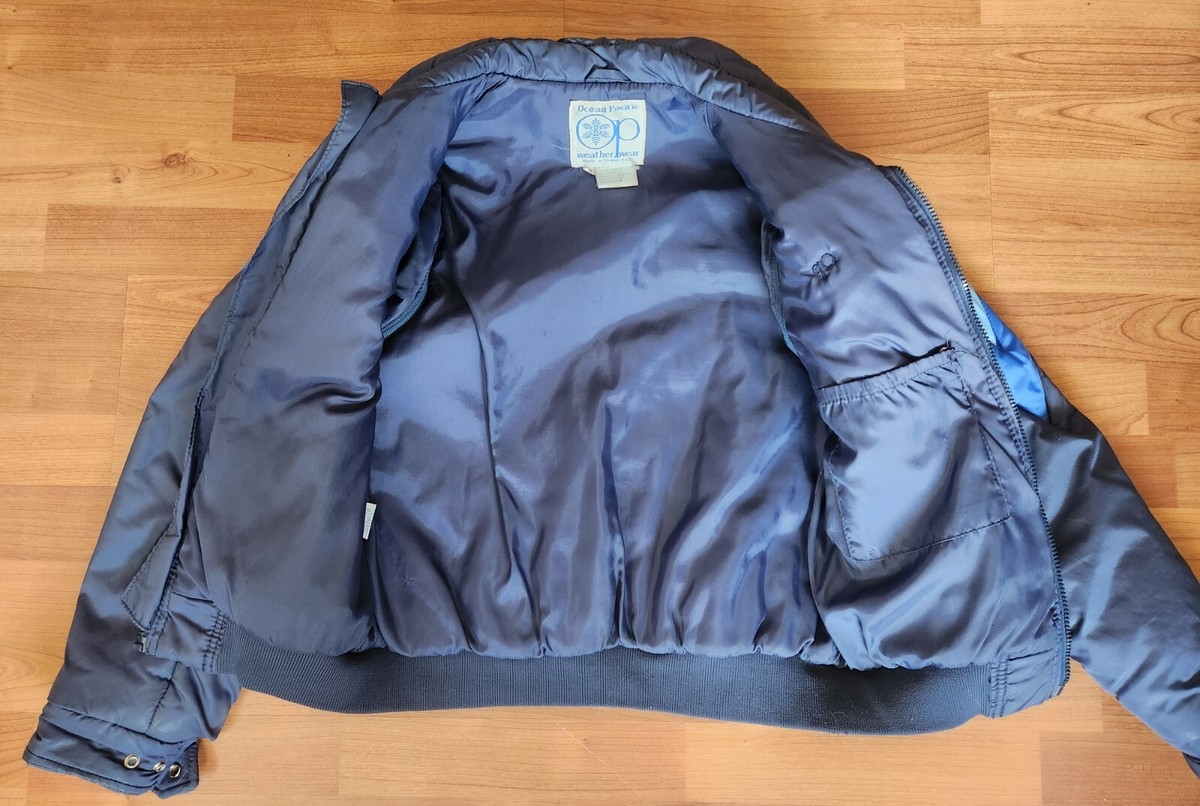 ??Vintage 80s Original Ocean Pacific Puffer Jacket Blue Stripped 
