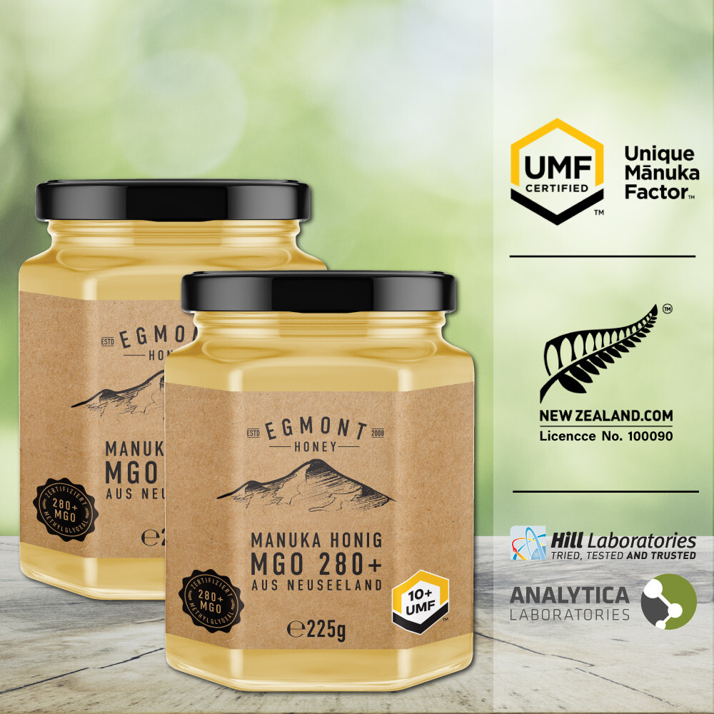 2x Miel de Manuka MGO 280+ UMF 10+ 225g VIDRIO - Paquete de ventajas NUEVA ZELANDA 250 300