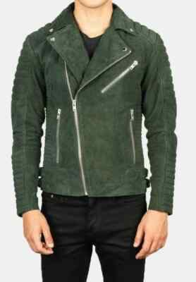 Suede Biker Motorcycle Casual Wear Handmade Men's Green Jacket Genuine Pure Soft