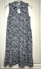 J Jill Women XS Button Front Blue/Tan/Floral Ruffle Hem Sleeveless V Neck Dress