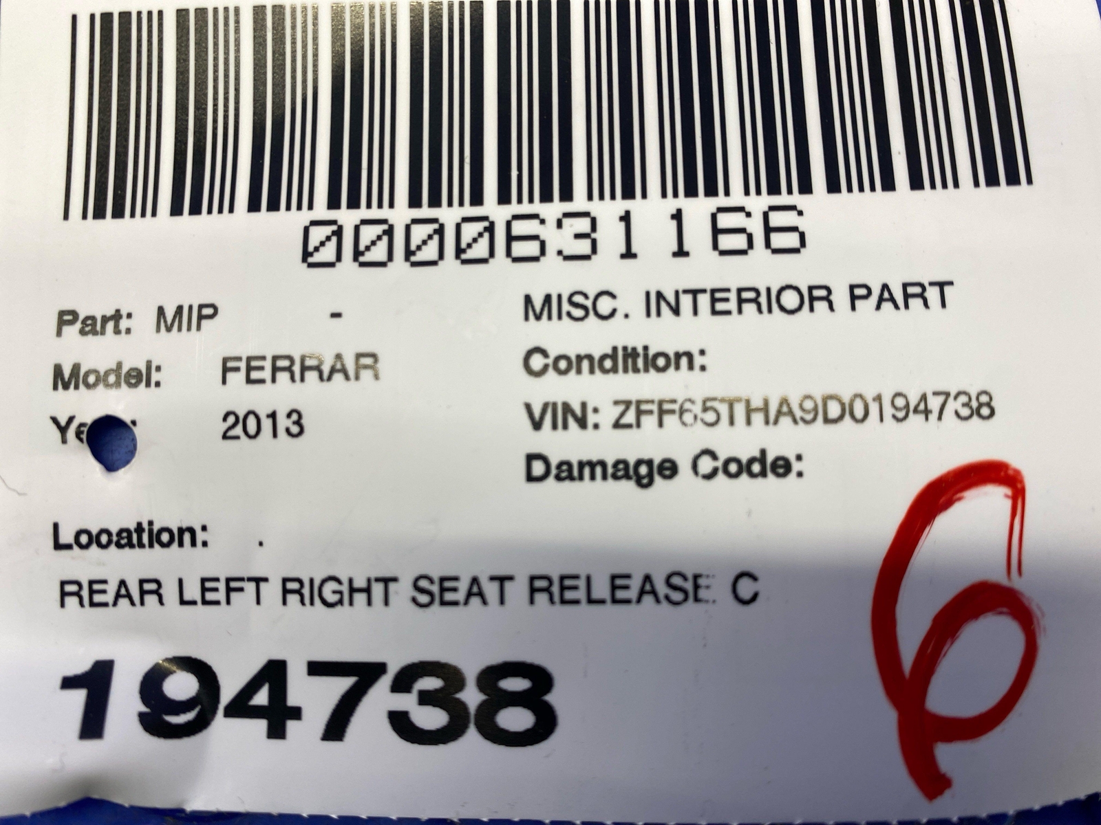 2008-2014 FERRARI CALIFORNIA REAR LH RH SEAT RELEASE CABLE W/INTERIOR HANDLE SET