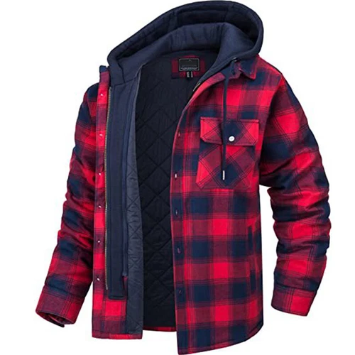 Chaqueta Camisa de Franela a Cuadros Para Hombre Completamente Acolchada Forrada 5 Bolsillos Cálida Cremallera Sudadera con Capucha - Imagen 7 de 19