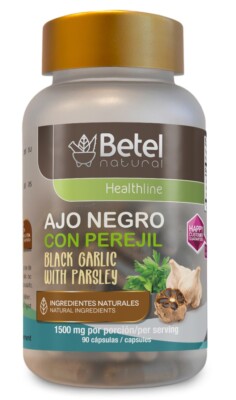Ajo Negro con Perejil / Black Garlic with Parsley and Cayenne Capsules by Betel 