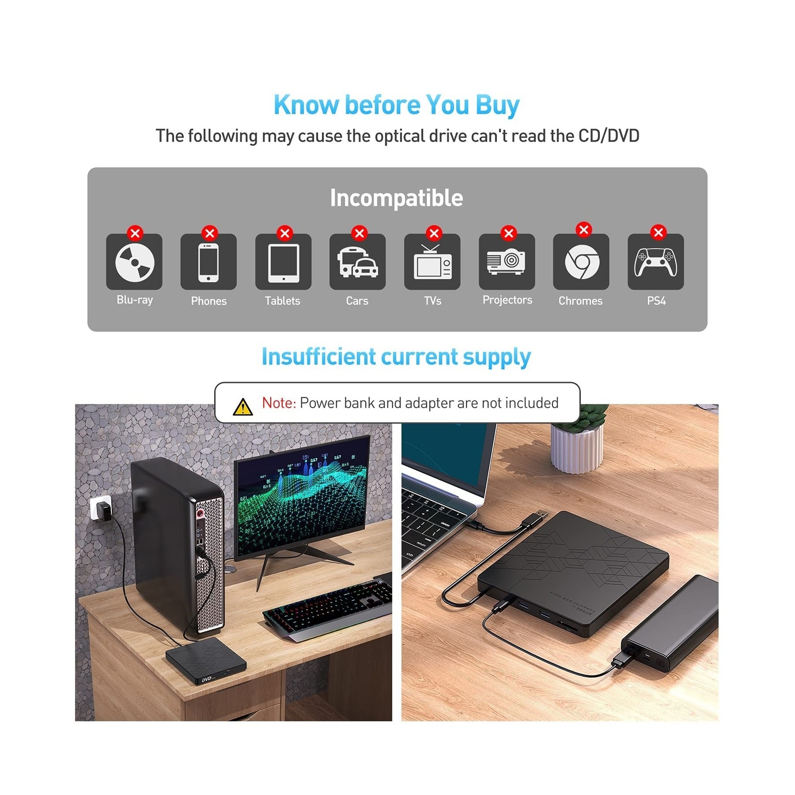 ORIGBELIE External DVD Drive, CD Drive USB 3.0 Typle C CD/DVD ROM +/-RW ...
