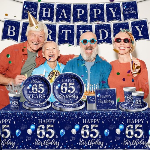 142 Pezzi Set di Stoviglie 65° Compleanno Decorazioni Argento e Blu 65° Happy Bi... - Foto 6 di 6