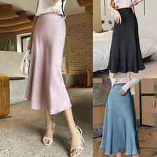 Womens A-Line Midi Silk Skirts High Satin Waisted Skirts Summer Skirt Elegant